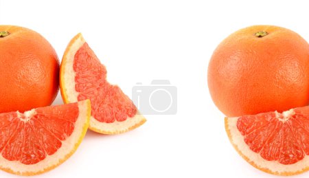 Reife saftige Grapefruit isoliert auf weißem Hintergrund. Es gibt freien Platz für Text. Großes Foto. Collage.