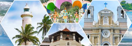 Architectural sights of Sri Lanka: lighthouses, temples, fort. Collage. Wide photo.