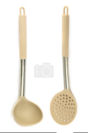 Kitchen spoon and ladle, isolated on white background. There is free space for text. Collage. Vertical photo