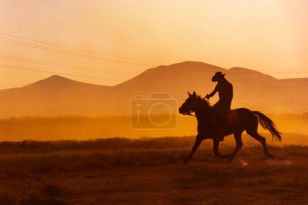 Foto de Un vaquero monta un caballo en un campo polvoriento, fotografía al aire libre - Imagen libre de derechos