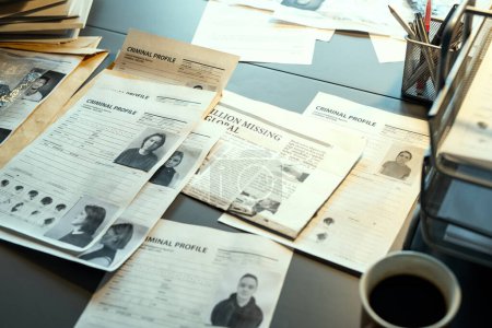 Foto de Close-up of several criminal profiles with photos of killers and other suspects and information about them on workplace of FBI agent - Imagen libre de derechos