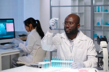Photo for African American male virologist in gloves and lab coat looking at blue liquid in flask against female colleague working in front of computer - Royalty Free Image