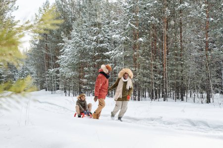 Foto de Happy African American family of three sledging in winter forest at winter resort or in the countryside among evergreen trees covered with snow - Imagen libre de derechos