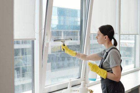 Photo for Side view of young female cleaner in workwear rubbing large office window with silicone spatula while carrying out her work - Royalty Free Image