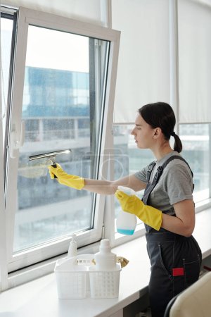 Photo for Young female cleaner spraying detergent on window and rubbing it with special silicone spatula while working in large openspace office - Royalty Free Image
