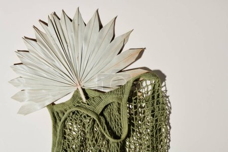 Foto de Top view of handmade knitted handbag of green color with fan inside against white background with copyspace for your text - Imagen libre de derechos
