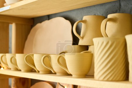 Foto de Parte de la pantalla que consta de varios estantes de madera con artículos de barro hechos a mano, tales como tazas, tazas y platos en la tienda de recuerdos - Imagen libre de derechos