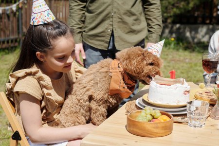 Foto de Lindo perro de compañía sostenido por niña comiendo pastel de cumpleaños con hueso de pie en la mesa servida durante la cena al aire libre o fiesta en el patio trasero - Imagen libre de derechos