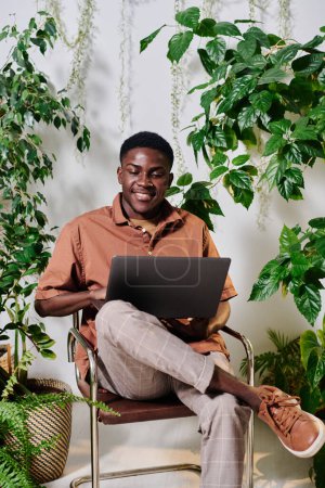 Téléchargez les photos : Jeune employé souriant en tenue décontractée assis sur une chaise avec un ordinateur portable sur les genoux et l'organisation de travail smong plantes vertes au bureau - en image libre de droit