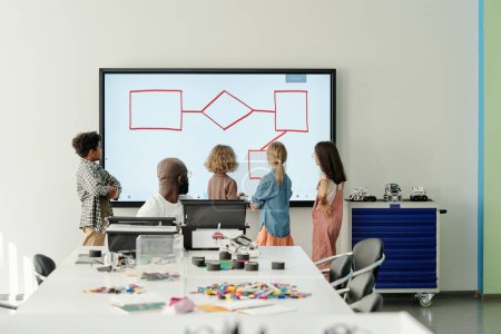 Photo for Group of youthful learners standing in front of whiteboard with drawn scheme during presentation of new intellectual project - Royalty Free Image