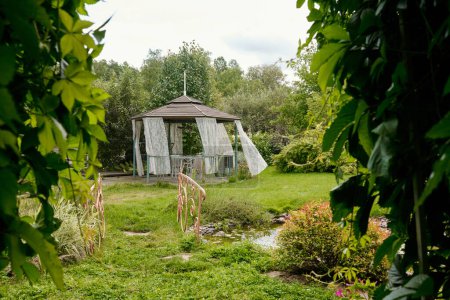 Foto de Pequeña alcoba redonda con cortinas de nylon blanco de pie en el patio trasero detrás de la casa de campo o casa de verano rodeada de vegetación verde - Imagen libre de derechos