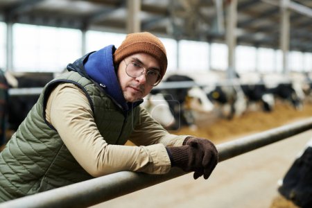 Téléchargez les photos : Jeune fermier sérieux en lunettes, bonnet et vêtements de travail regardant la caméra tout en se penchant sur étable contre rangée de vaches laitières - en image libre de droit