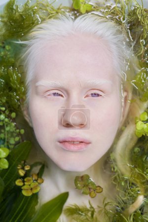 Photo for Above view of face of young serene albino woman lying in pure water with green plants while taking relaxing bath during photo session - Royalty Free Image