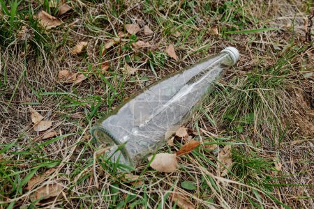 Téléchargez les photos : Bouteille en verre vide au sol dans le parc, concept de recyclage - en image libre de droit