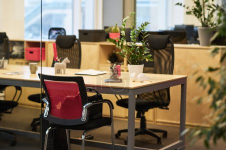Téléchargez les photos : Groupe de chaises entourant le long bureau pour l'équipe de plusieurs hommes d'affaires avec des plantes vertes dans le pot de fleurs et des fournitures de bureau dans la salle de conférence - en image libre de droit