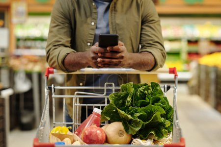 Photo for Young African American male consumer pushing shopping cart with fresh vegetarian food products and scrolling in smartphone in supermarket - Royalty Free Image
