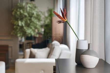 Photo for Focus on two grey and white vases standing on table against soft comfortable couch of delicate beige color in spacious living room - Royalty Free Image