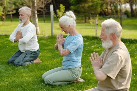 Téléchargez les photos : Focus sur la femme âgée avec les cheveux blancs pratiquant l'exercice de yoga tout en se tenant sur ses genoux sur la pelouse verte entre deux hommes barbus - en image libre de droit