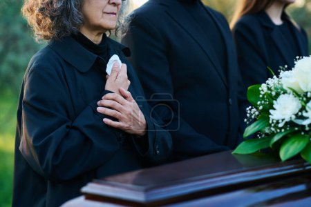 Großaufnahme einer trauernden reifen Frau in schwarzer Kleidung, die die Hände auf der Brust hält, während sie bei der Beerdigung auf dem Friedhof neben ihrer Familie steht