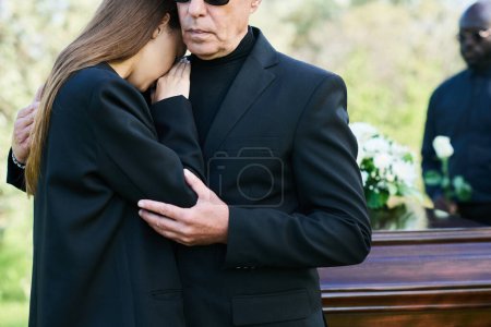Téléchargez les photos : Mature deuil père donner câlin à deuil fille pleurer sur son épaule tandis que les deux debout contre cercueil avec fermé couvercle à funérailles - en image libre de droit