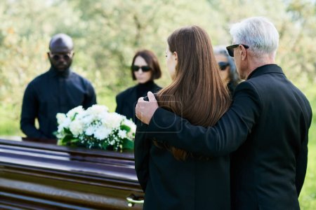 Back view of mature man in black suit embracing his grieving daughter at funeral and farewell ceremony of their relative, friend or family member