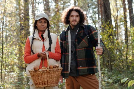 Foto de Joven pareja intercultural de mochileros o excursionistas recogiendo setas en el bosque en otoño mientras están de pie frente a la cámara - Imagen libre de derechos