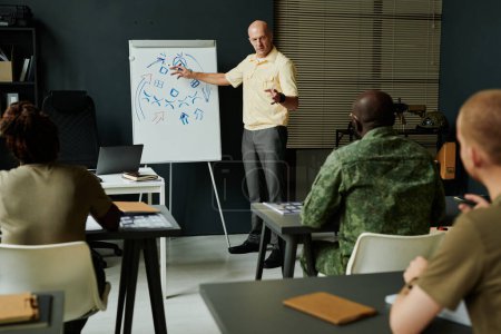 Photo for Confident mature teacher pointing at whiteboard with arrows and sketches while standing in front of audience and explaining military tactics - Royalty Free Image