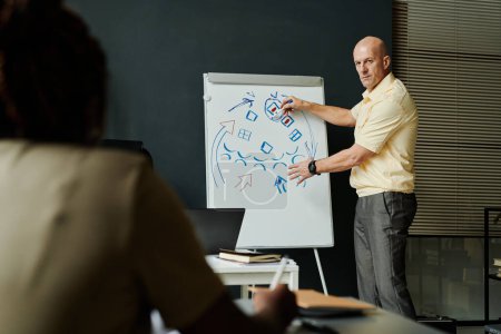 Photo for Confident coach of military training pointing at whiteboard with tactics plan while standing in front of audience and looking at one of students - Royalty Free Image