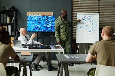 Photo for Young African American soldier in camouflage uniform pointing at whiteboard while explaining sketch of military tactics - Royalty Free Image