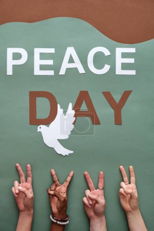 Téléchargez les photos : Mains de quatre jeunes amis interculturels montrant un geste de paix tout en se tenant sur fond gris avec pigeon blanc - en image libre de droit
