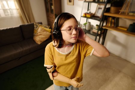 Téléchargez les photos : Jeune fille avec bras myoélectrique profitant de la musique de détente en cuir noir écouteurs dans le centre du salon spacieux - en image libre de droit