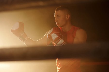 Foto de Joven boxeador musculoso en ropa deportiva y guantes de boxeo de pie en el anillo delante de la cámara y preparándose para patear a su rival - Imagen libre de derechos