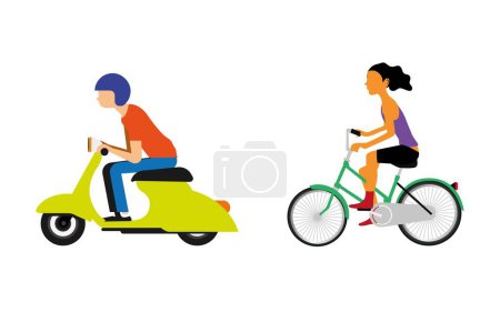 Téléchargez les illustrations : Transport en ville. Personnes conduisant des voitures scooter vélo hoverboard segway activité urbaine gens style de vie vecteur ensemble. Urbain actif, conduite et scooter, transport de randonnée - en licence libre de droit