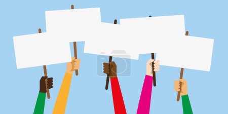 People holding placards isolated on white background. People against violence, descrimination, human rights. Protesters concept.