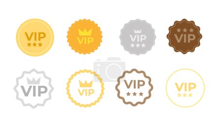 Conjunto de insignias VIP en color oro, plata y bronce. Etiqueta redonda con tres niveles vip. Ilustración vectorial moderna