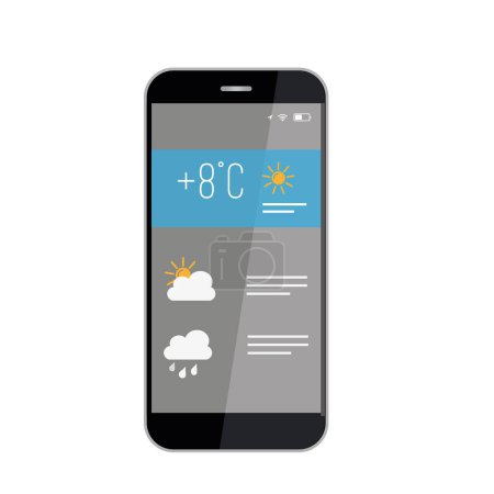 Illustration for Weather forecast smartphone interface vector template. Mobile app page design layout. Hourly data. Humidity, temperature and wind conditions screen. Flat UI for application. Phone display - Royalty Free Image
