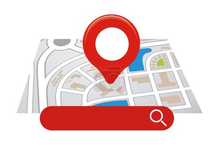 Illustration for Location Folded Paper Map, Search Bar and Pin Isolated. Blue GPS Pointer Marker Icon. GPS and Navigation Symbol. Element for Map, Social Media, Mobile Apps. Realistic Vector Illustration - Royalty Free Image