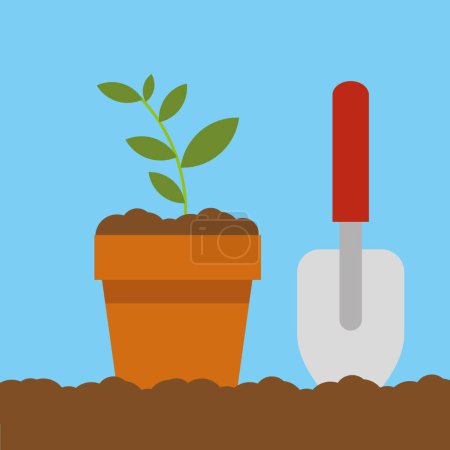 Illustration for Planting flower in pot. Gardening vector illustration - Royalty Free Image