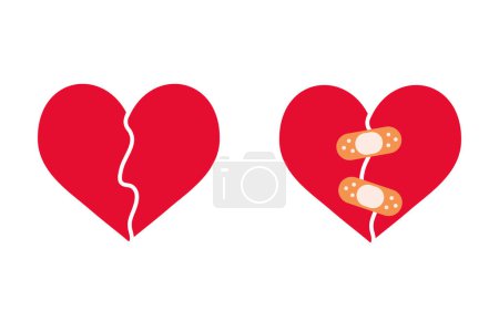 Illustration for Cartoon heart set, broken heart and crack fixed with bandage. Breakup and heartbreak symbol. Simple flat vector style clip art illustration. - Royalty Free Image