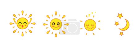 Lächelnde Sonne und Mond Cartoon Vector Illustration. Goldene Sichel. Karikatur Halbmond. Sticker im Comic-Stil mit Umriss. Dekoration für Grußkarten, Poster, Aufnäher, Kleiderabzüge
