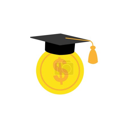 Education and money illustration, flat cartoon graduation hat and coin, concept of scholarship cost or loan, tuition or study fee, value of student knowledge, learning success