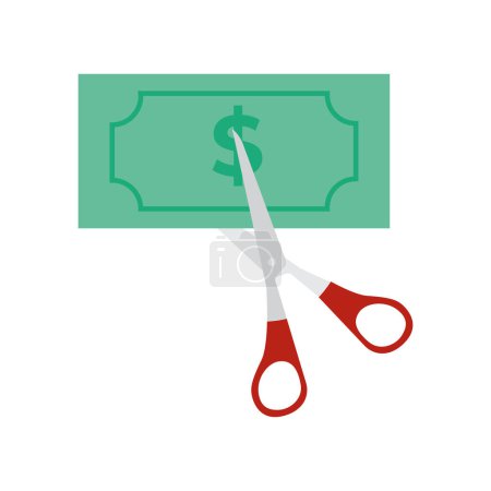 Cutting or lowering price concept. scissors cutting money bill in half. vector illustration in flat style