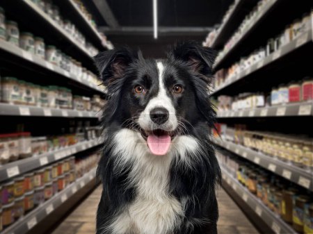 Border collie dog panting, looking at the camera, in front of food shelves in a pet store. The background is blurred and dark.