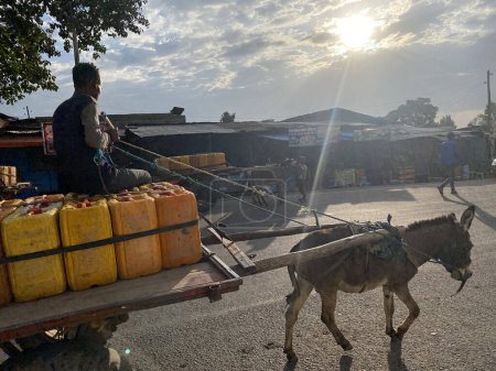 Foto de Addis Abeba, Etiopía - 9 de enero de 2023: Una persona que lleva bidones amarillos de agua potable en un carro tirado por un burro. Está en el camino a Addis Abeba. Foto tomada contra la luz. - Imagen libre de derechos