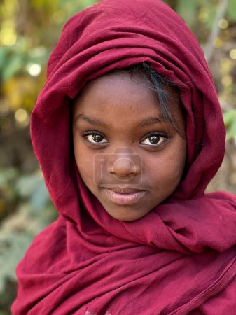 Téléchargez les photos : Bona Zuria, Ethiopie, 12 janvier 2023 : Portrait d'une fille musulmane éthiopienne portant un voile violet et regardant la caméra - en image libre de droit