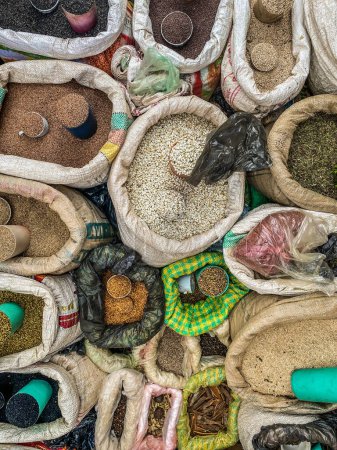 Photo for Bulk spice in plastic bags at a market in Ethiopia. - Royalty Free Image