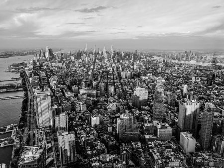 Photo for Aerial panoramic view over New-York skyline and Hudson river from One World Observatory deck at One World Trade Center, Winter Sunset - Royalty Free Image