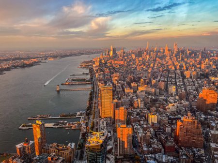 Photo for Aerial panoramic view over New-York skyline and Hudson river from One World Observatory deck at One World Trade Center, Winter Sunset - Royalty Free Image