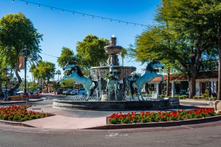 Photo for Scottsdale,Arizona,USA - December 24, 2022 : Bronze Horse Fountain in Old Town Scottsdale - Royalty Free Image