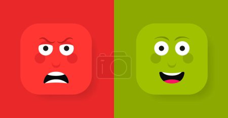 Illustration for Dos and donts button label with face emotion. Angry and happy emoticon. Feedback scale. Vector illustration. - Royalty Free Image
